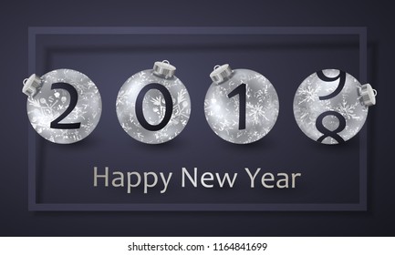 2019 and 2018  in silver Christmas balls with shadow and Abstract snowflakes pattern and lettering Happy New Year. Christmas card design for flyer, poster, design, banner, web. Vector illustration. 