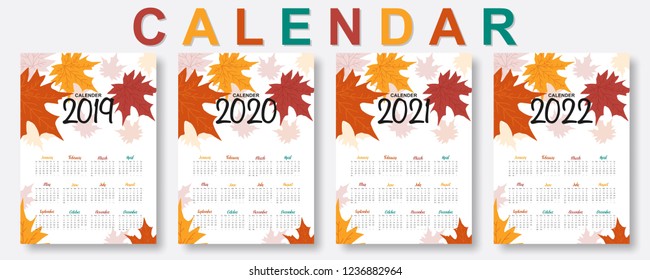 2019, 2020, 2021, 2022 calendar. Happy new year. Set of 12 Months. Week start on Sunday. falling colorful autumn maple leaves background in flat style. Holiday event planner. Design template