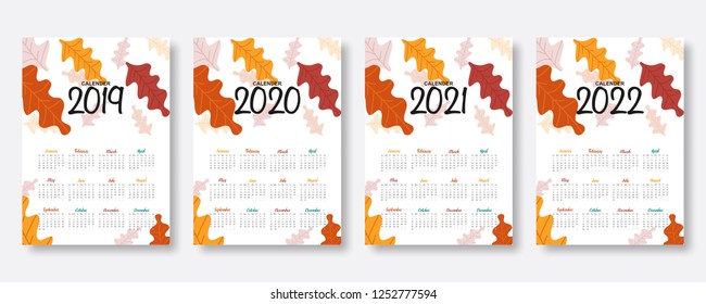 2019, 2020, 2021, 2022 calendar. Happy new year. Set of 12 Months. Week start on Sunday. falling colorful exotic hawaii palm leaves background in flat style. Holiday event planner. Design template