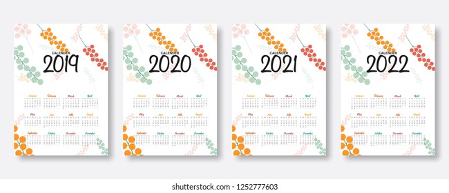 2019, 2020, 2021, 2022 calendar. Happy new year. Set of 12 Months. Week start on Sunday. falling colorful cherry fruit illustration background in flat style. Holiday event planner. Design template