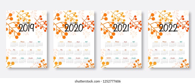 2019, 2020, 2021, 2022 calendar. Happy new year. Set of 12 Months. Week start on Sunday. falling colorful exotic plant illustration background in flat style. Holiday event planner. Design template