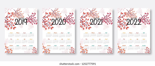 2019, 2020, 2021, 2022 wall calendar. Happy new year. Set of 12 Months. Week start on Sunday. falling colorful berry fruit illustration background in flat style. Holiday event planner. Design template