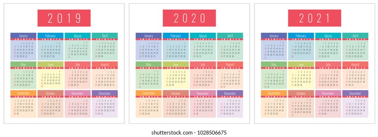 2019, 2020, 2021 calendar set color. Colorful vector template. Sunday beginning of the week