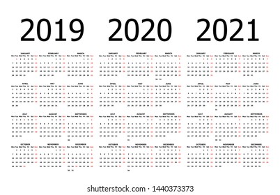 2019, 2020, 2021 calendar set. Black pocket. Week starts on Monday.