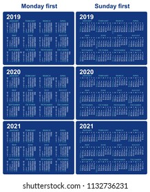 2019, 2020, 2021 calendars set blue background