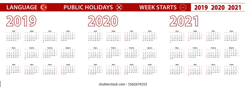 El calendario vectorial 2019, 2020, 2021 en idioma turco, la semana empieza el domingo. Calendario vectorial.