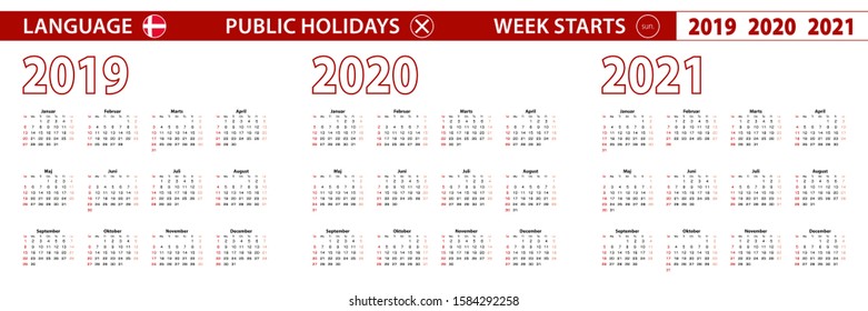 2019, 2020, 2021 year vector calendar in Danish language, week starts on Sunday. Vector calendar.