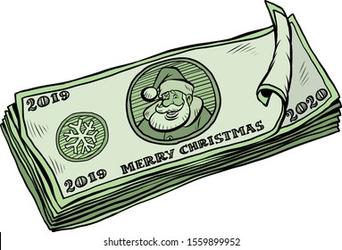 2019 2020 banknotes money cash. annual bonus. Santa Claus character Christmas new year. Comic cartoon pop art retro vector illustration drawing