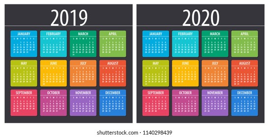 2019 2020 Calendar - illustration. Template. Mock up Week starts Sunday