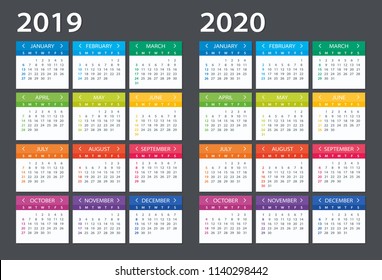 2019 2020 Calendar - illustration. Template. Mock up Week starts Sunday