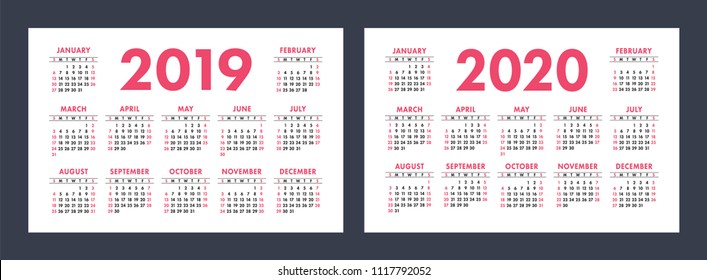 2019, 2020, calendar set. Color, pocket. Week starts on Sunday. Calender, planner
