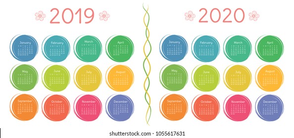 2019, 2020 calendar set. Colorful kid's sketch doodle style. Color round hand drawn frames  