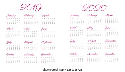 2019 2020 calendar year - vector illustration. The week starts on Sunday american standard.