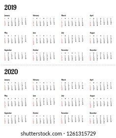 2019 2020 calendar year - vector illustration. The week starts on Sunday american standard.
