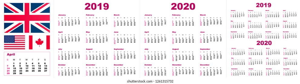 2019 2020 calendar year - vector illustration. The week starts on Sunday.