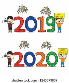 2019 and 2020 vector with kids celebrating new year