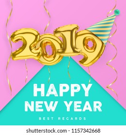 2019 3D Happy New Year with gold balloon numbers isolated on pink-green background with party hat and streamers.