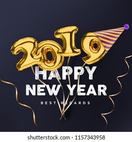 2019 3D Happy New Year with gold balloon numbers isolated on black background with party hat and streamers.