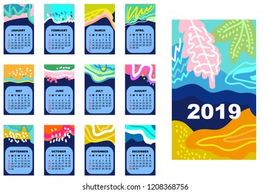 2019 abstract calendar. Simple template on colorful background with tropical motifs. Trendy stationery design. Blue, yellow, pink.