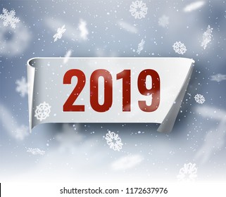 2019 abstract holiday new year winter background with falling snow flakes. Vector eps10.