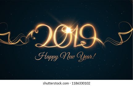 2019 abstract holiday new year background with written light trace text. Vector eps10.