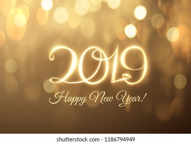 2019 abstract holiday new year background with written light trace text. Vector eps10.