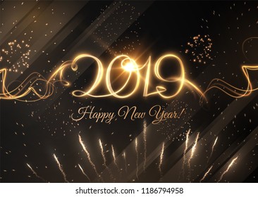 2019 abstract holiday new year background with written light trace text. Vector eps10.