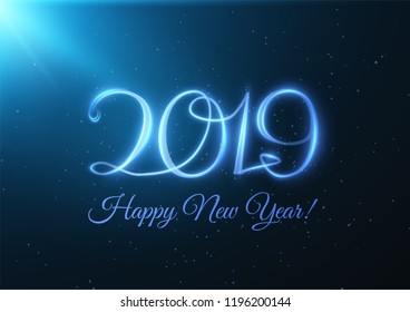 2019 abstract holiday new year background with written light trace text. Vector eps10.