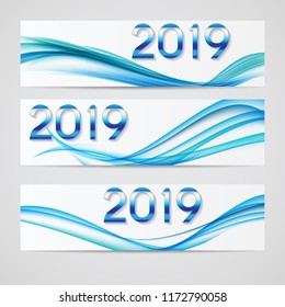 2019 Abstract Vector Illustration of New Year on Background of colored waves. EPS10
