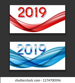 2019 Abstract Vector Illustration of New Year on Background of colored waves. EPS10