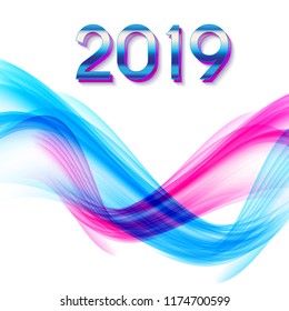 2019 Abstract Vector Illustration of New Year on Background of colored waves. EPS10