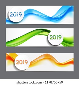 2019 Abstract Vector Illustration of New Year on Background of colored waves. EPS10