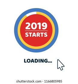2019 almost starts loading page with rounded angles arrow cursor pointer. Flat style design invitation to the xmas or new year party event postcard vector illustration isolated on white background.