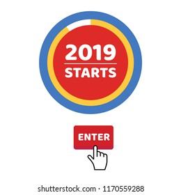 2019 almost starts, red button enter page with hand glove cursor pointer push button. Flat style design invitation to xmas or new year party event postcard vector illustration isolated on background.