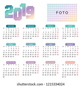 2019 annual calendar in a minimalist geometric style and light pastel shades of bright neon colors and a place for photos