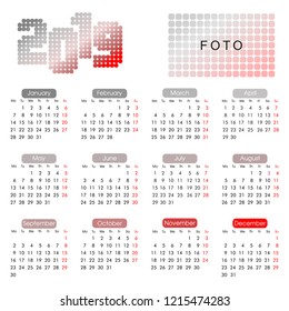 2019 annual calendar in a minimalist geometric style, shades of gray and red and a place for photos