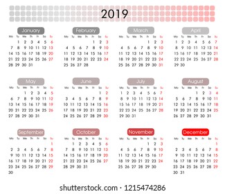2019 annual calendar in a minimalist geometric style, shades of gray and red