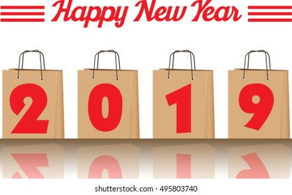 2019 annual year vector. Happy new year. 2019 in brown paper bag on white background 