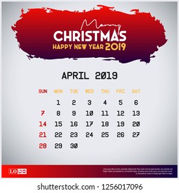 2019 April Calendar Template. merry Christmas and Happy new year Red Header background