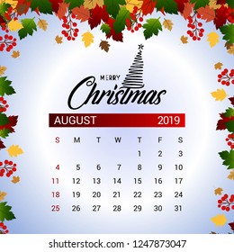 2019 August calendar design template of Christmas or New Year decoration