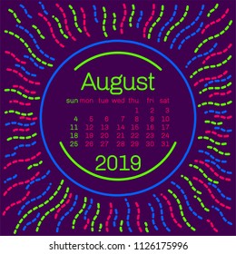 2019. August Calendar page in 80s style poster for concept typography design, flat color. Week starts on Sunday Happy New year. Sun tribal pattern.Vector Illustration.