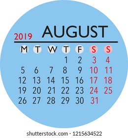 2019 august month calendar vector
