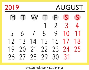 2019 august monthly calendar vector