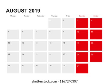 2019 August planner calendar design. Week starts from Monday. Vector illustration.