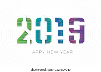 2019 Authentic Effect Numerals Logo Realistic Cut Paper Style and Happy New Year Lettering - Blue Green Purple and Turquoise Figures on Circles Background - Vector Mixed Graphic Design