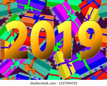 2019. Background with gifts for greeting, poster or desktop decoration. Vector illustration. 