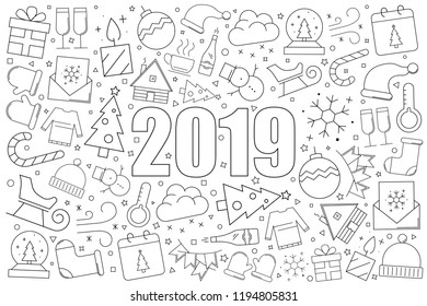 2019 background from line icon. Linear vector pattern. Vector illustration