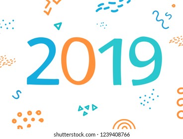 2019 banner design. Vector hand drawn illustration with colored 2019 numbers. Abstract modern art.