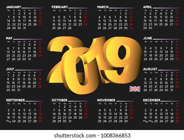 2019 black calendar in english UK. Year 2019 calendar. Calendar 2019. Week starts on monday. UK format