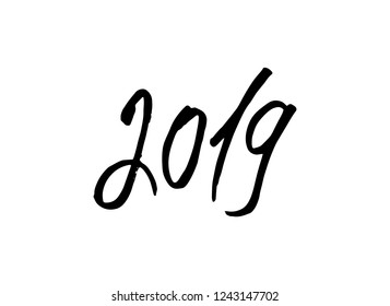 2019 Black Color Numbers with Hand drawn Lettering. Isolated Symbol or Sign with Brushlettering Scribbles. Use for Laser Cut and Christmas Gift Banner Design. Vector Concept